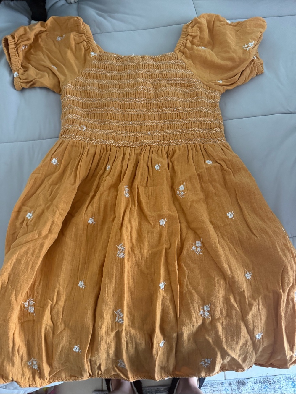 Cat & Jack Mustard Smocked Puff-Sleeve Dress with White Floral Embroidery